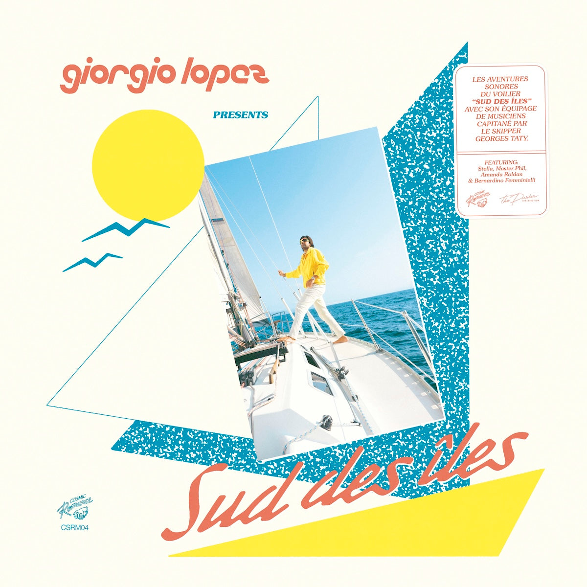 Portada del vinilo Giorgio Lopez – Sud Des Îles con velero, sol amarillo, formas azules y tipografía coral.