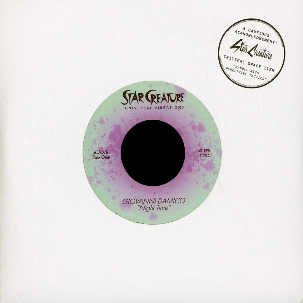 Portada del vinilo 7" Giovanni Damico – Night Time en funda blanca Star Creature con sticker y etiqueta central SC1078.
