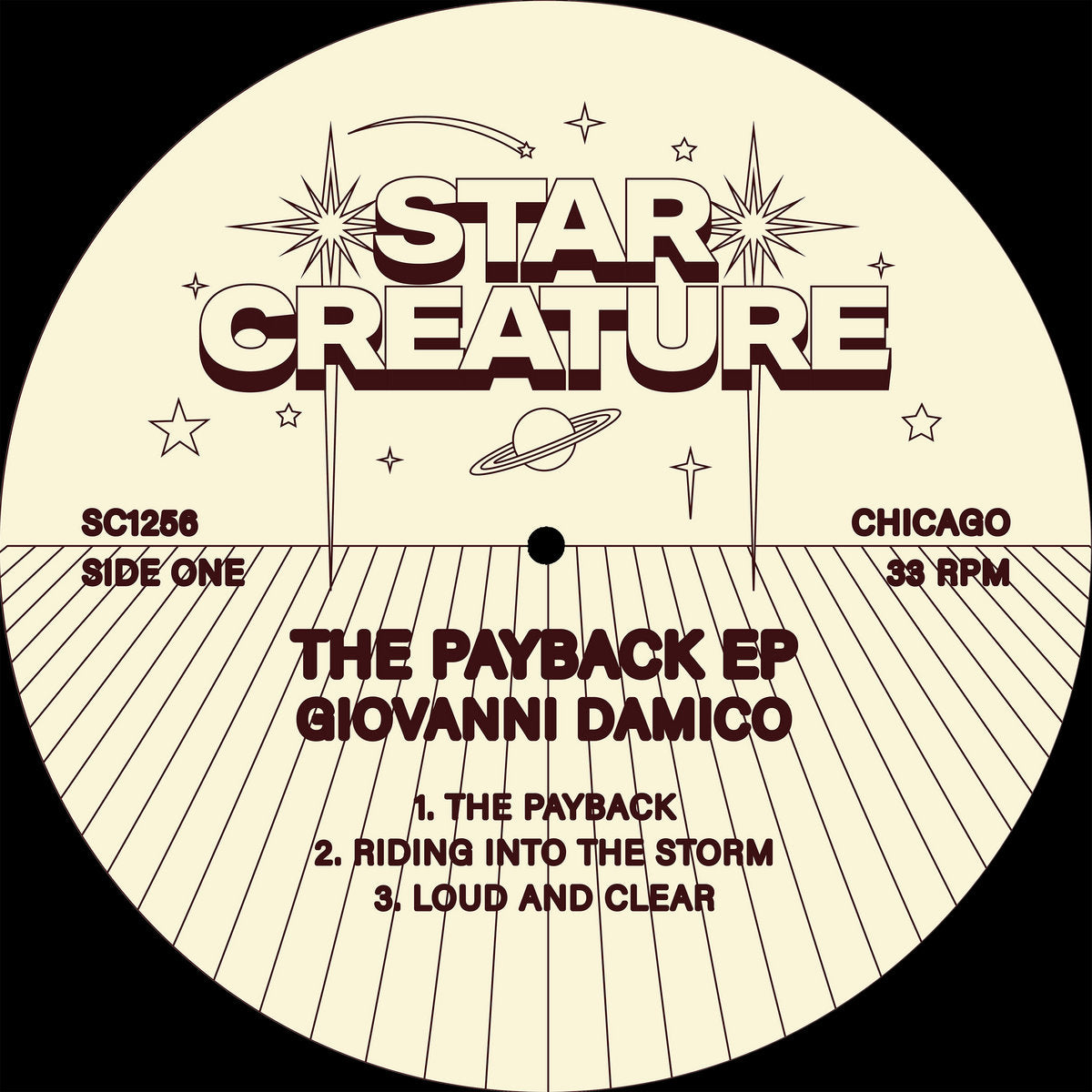 Lado A del vinilo Giovanni Damico – The Payback EP, etiqueta Star Creature SC1256 con pistas The Payback, Riding Into The Storm y Loud And Clear.