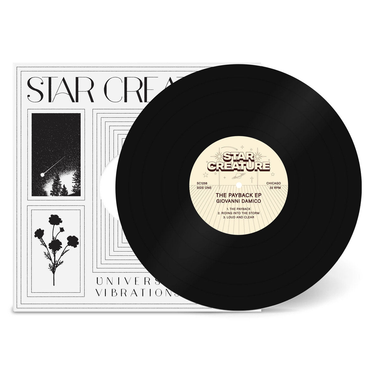Portada del vinilo Giovanni Damico – The Payback EP, disco parcialmente fuera de la funda Star Creature con diseño cósmico en blanco y negro.