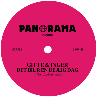 Etiqueta central lado B del vinilo Gitte & Inger – Ud Af Buret (Can't Hide Love), sello Panorama, incluye la canción Det Bil’r En Dejlig Dag con duración 3:00.