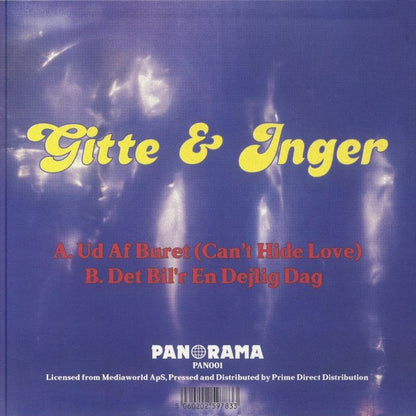 Contraportada del vinilo Gitte & Inger – Ud Af Buret (Can't Hide Love) de Panorama, listado de pistas en tipografía amarilla y roja sobre fondo azul texturizado.