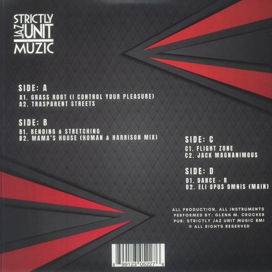 Contraportada del vinilo Glenn Underground – Grass Root - Tech House LP, listado completo de pistas de los 2 LP y créditos de Strictly Jaz Unit Muzic.