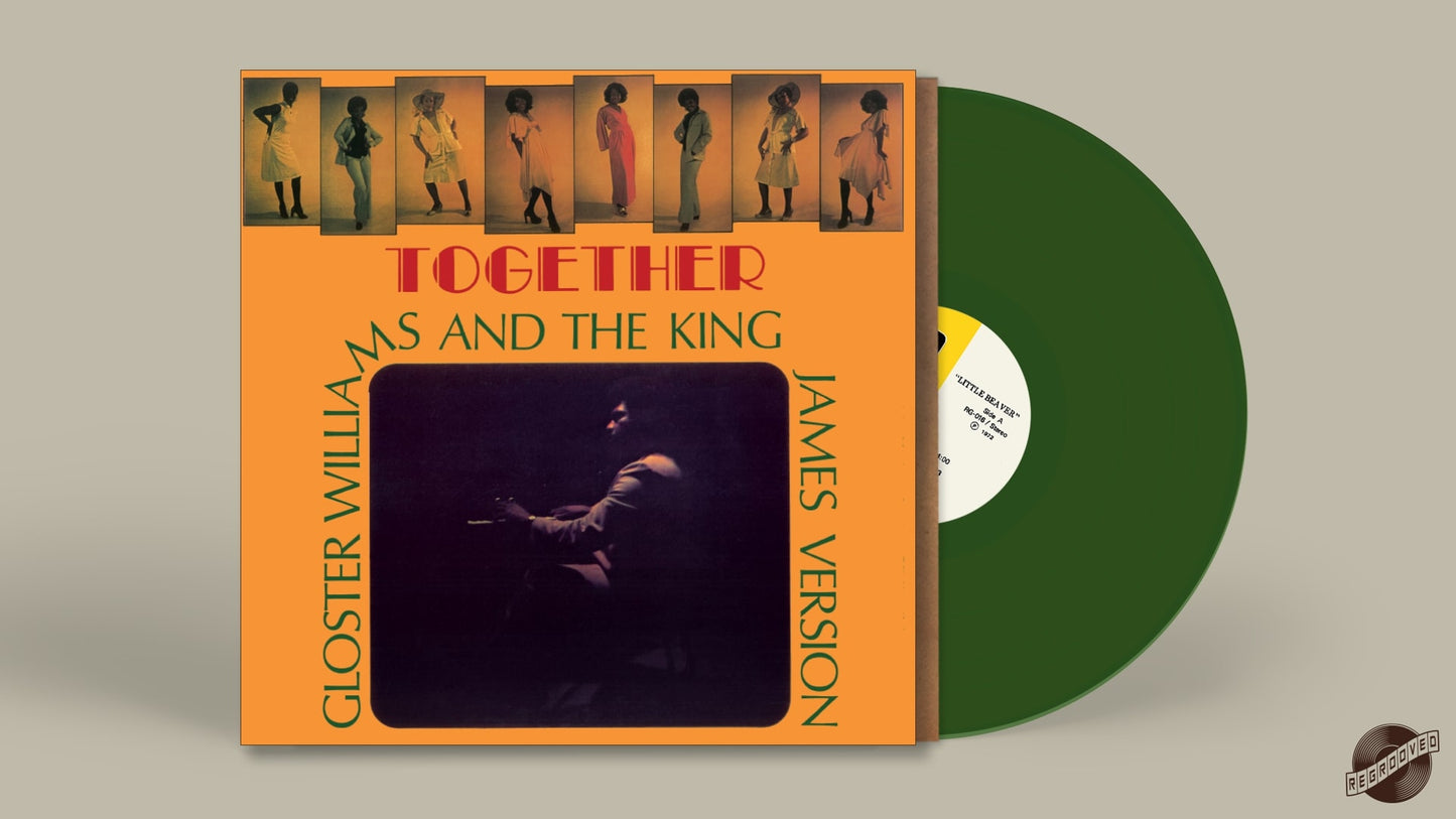Vinilo de Gloster Williams And The King James Version – Together fuera de la funda, LP verde transparente de Regrooved Records junto a la portada, reedición remasterizada ideal para DJs y coleccionistas.