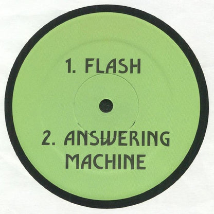 Etiqueta central lado B del vinilo Green Velvet – I Want To Leave My Body, edición White Label 12", Reimpresión, en fondo verde con listado de temas: “1. Flash” y “2. Answering Machine”.