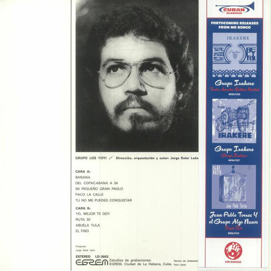 Contraportada del vinilo Grupo Los Yoyi – Yoyi con foto de Jorge Soler León y listado completo de temas.