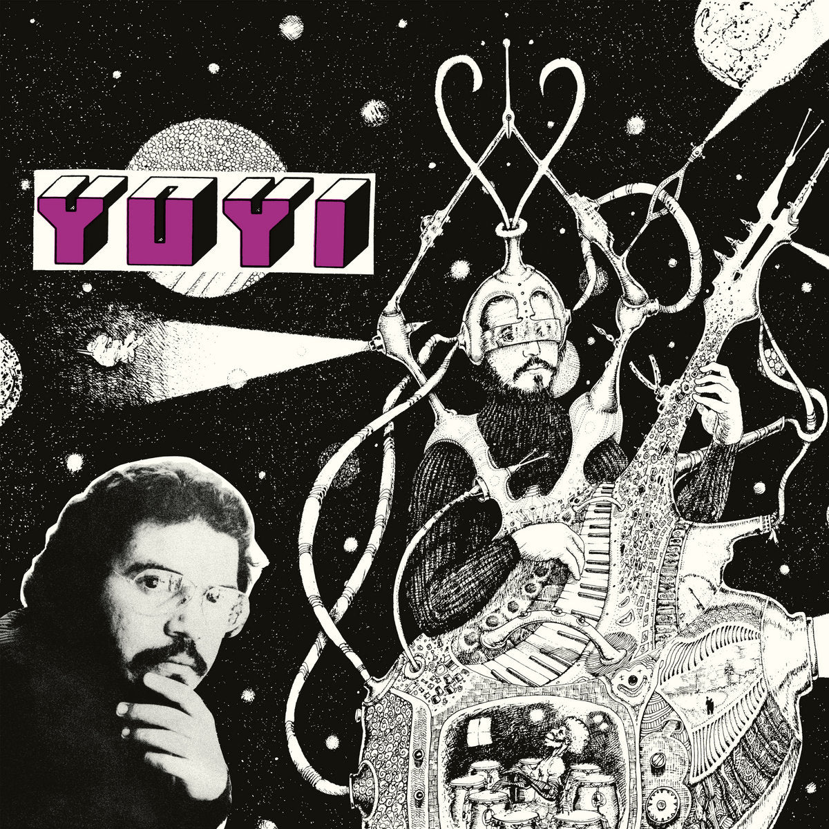 Portada del vinilo Grupo Los Yoyi – Yoyi, con ilustración espacial en blanco y negro y letras moradas.