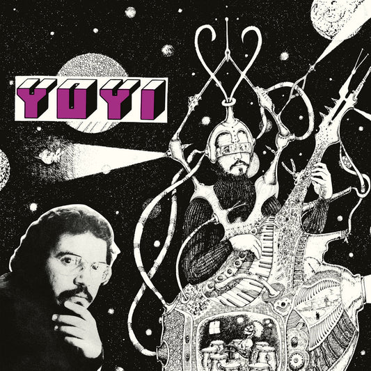 Portada del vinilo Grupo Los Yoyi – Yoyi, con ilustración espacial en blanco y negro y letras moradas.
