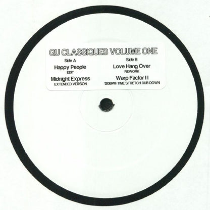 Vinilo GU – Classiques Volume One, lado A con etiqueta blanca y sticker que enumera las cuatro pistas.