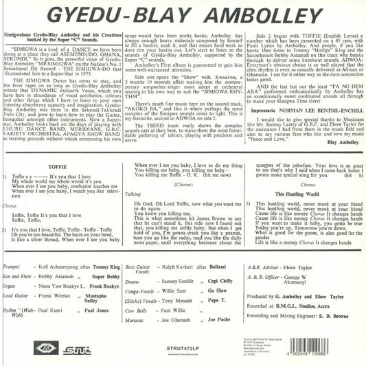 Portada trasera del vinilo de Gyedu-Blay Ambolley – Simigwa editado por Strut. Incluye créditos completos, letras y notas del álbum.