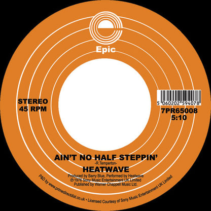 Etiqueta central del vinilo Heatwave – The Star of a Story / Ain’t No Half Steppin’ en formato 7", 45 RPM sencillo reedición de Epic, lado B con título “Ain’t No Half Steppin’”, duración 5:10, créditos visibles y número de catálogo 7PR65008.