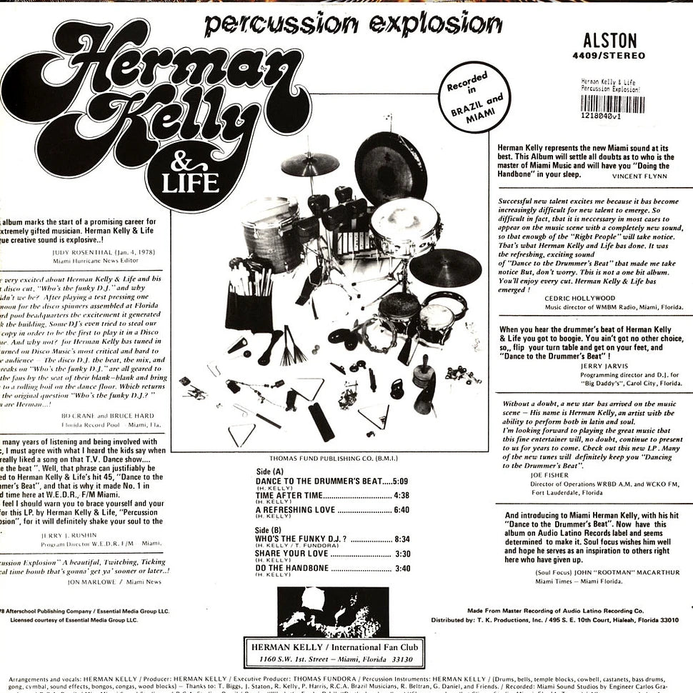 Contraportada del vinilo Herman Kelly & Life – Percussion Explosion!, con percusiones, pistas y créditos.