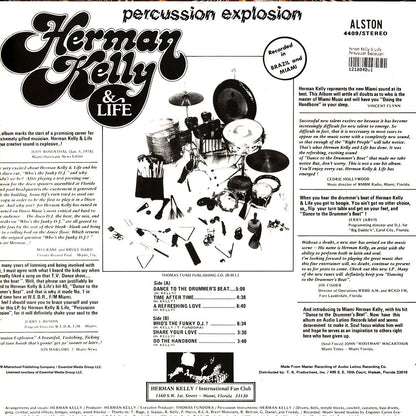 Contraportada del vinilo Herman Kelly & Life – Percussion Explosion!, con percusiones, pistas y créditos.