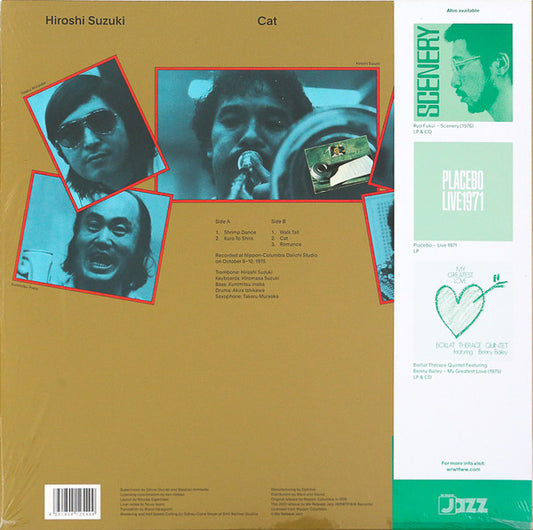 Portada trasera del vinilo Hiroshi Suzuki – Cat, lanzado por el sello We Release Jazz. El vinilo es un LP, edición limitada, reedición remasterizada en 180 g. Texto impreso: lista de canciones, créditos, fotos del artista y músicos.