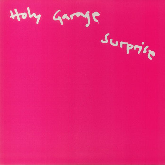 Portada delantera del vinilo "Holy Garage – Surprise" publicado por Running Back Double Copy. Diseño minimalista con fondo rosa y tipografía manuscrita en blanco.