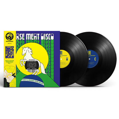 Vista del vinilo doble Horse Meat Disco – Disco & Boogie From Brazil Vol.1 con las etiquetas centrales de los lados A y C del LP lanzado por Mr Bongo.