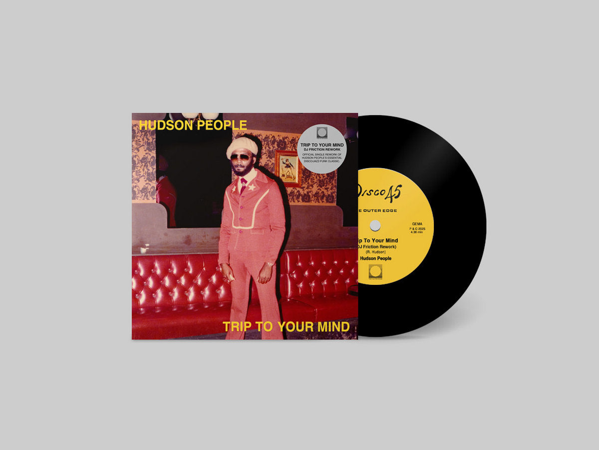 Funda y vinilo de Hudson People – Trip To Your Mind (DJ Friction Reworks), portada visible junto al disco negro 7" con etiqueta central amarilla de The Outer Edge.