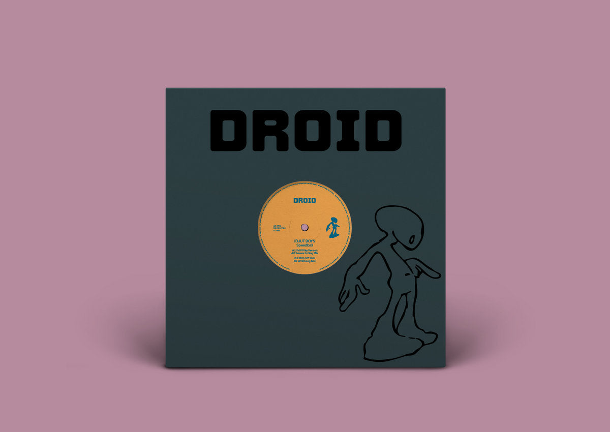 Vinilo Idjut Boys – Speedball 12" reedición en sello Droid, funda verde oscuro con logo DROID en negro y silueta minimalista tipo robot.