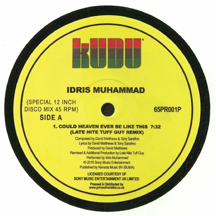 Contraportada del vinilo "Could Heaven Ever Be Like This" de Idris Muhammad, lanzado por Kudu en formato 12". Presenta créditos de producción, compositores y sello discográfico.