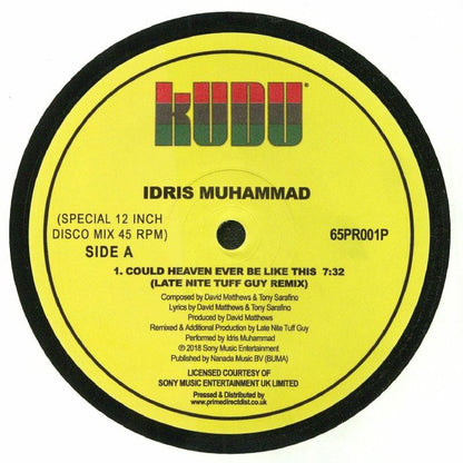 Contraportada del vinilo "Could Heaven Ever Be Like This" de Idris Muhammad, lanzado por Kudu en formato 12". Presenta créditos de producción, compositores y sello discográfico.