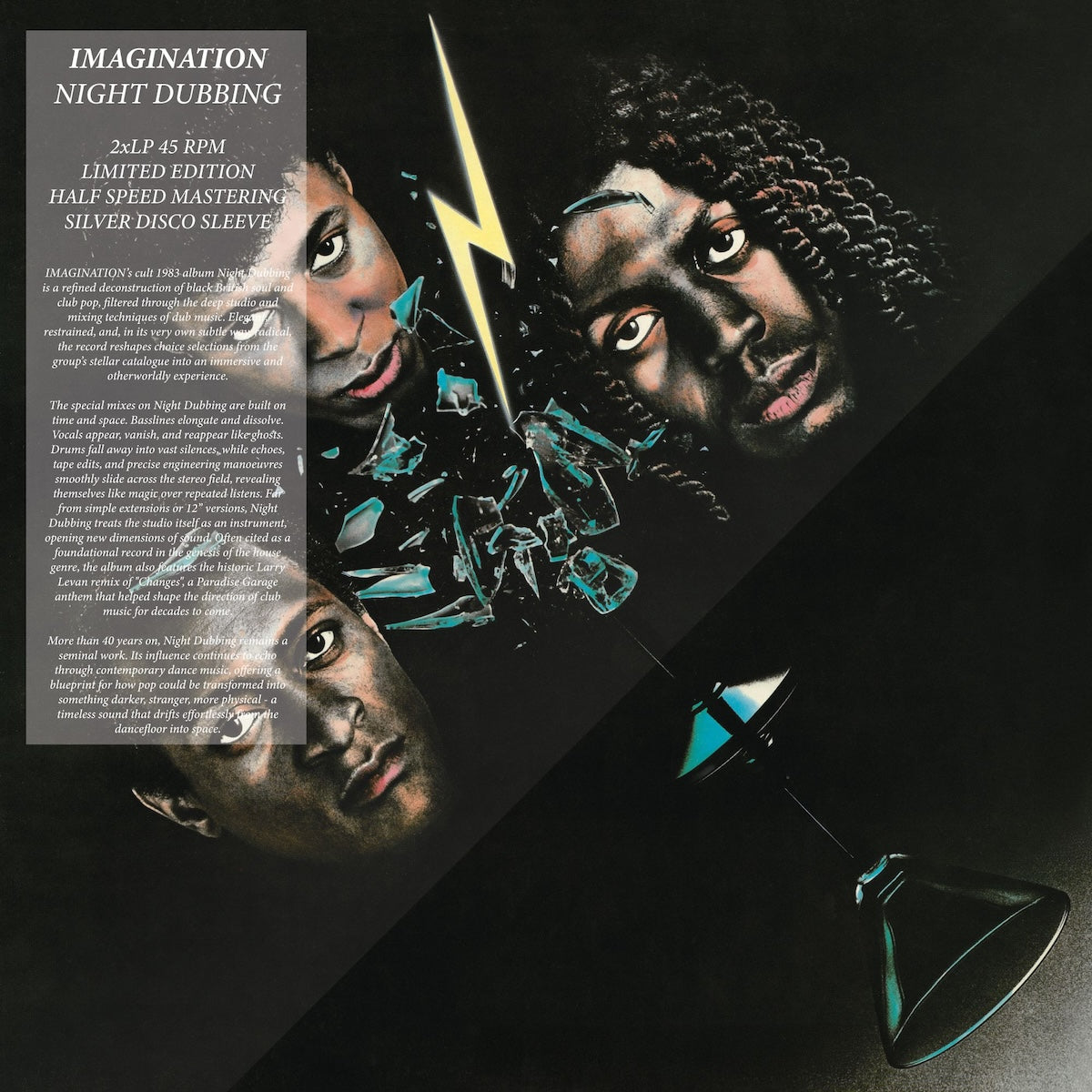 Portada del vinilo Imagination – Night Dubbing, con retratos fragmentados, rayo y sticker informativo gris.