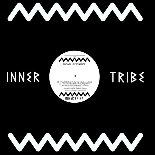 Portada del vinilo Inkswel – Resonance 12" en Inner Tribe Records, con diseño tribal negro y etiqueta central visible.