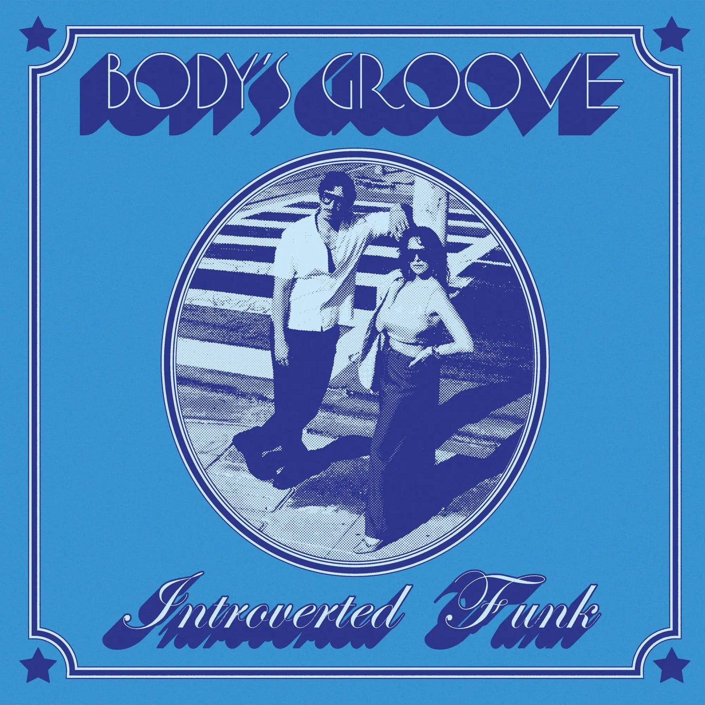 Portada del vinilo Introverted Funk – Body's Groove, EP 12" de Star Creature, con diseño azul y foto circular retro en semitono.