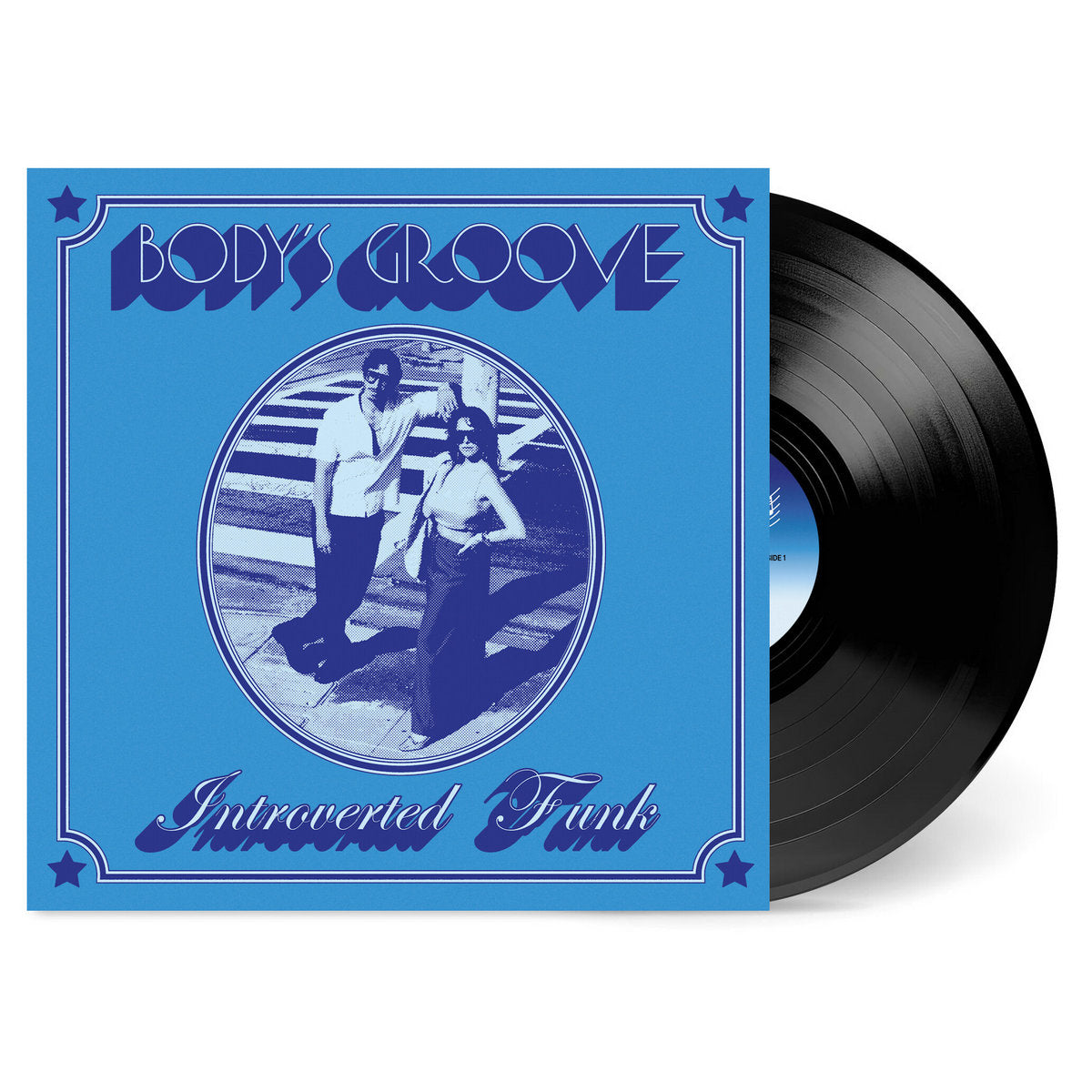 Portada y vinilo de Introverted Funk – Body's Groove, EP 12" de Star Creature, con funda azul ilustrada y disco parcialmente visible.