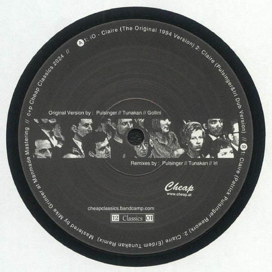 Contraportada del vinilo de iO - Claire, del sello Cheap Classics en formato 12". Muestra la lista de canciones y créditos de producción, junto con un diseño artístico en blanco y negro.