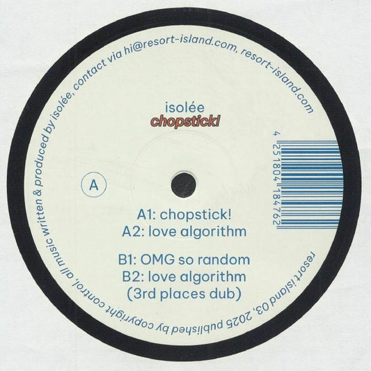 Etiqueta central lado A del vinilo Isolée – Chopstick! en 12" por Resort Island, con lista de pistas, créditos y código de catálogo.