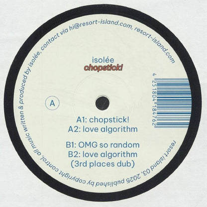Etiqueta central lado A del vinilo Isolée – Chopstick! en 12" por Resort Island, con lista de pistas, créditos y código de catálogo.