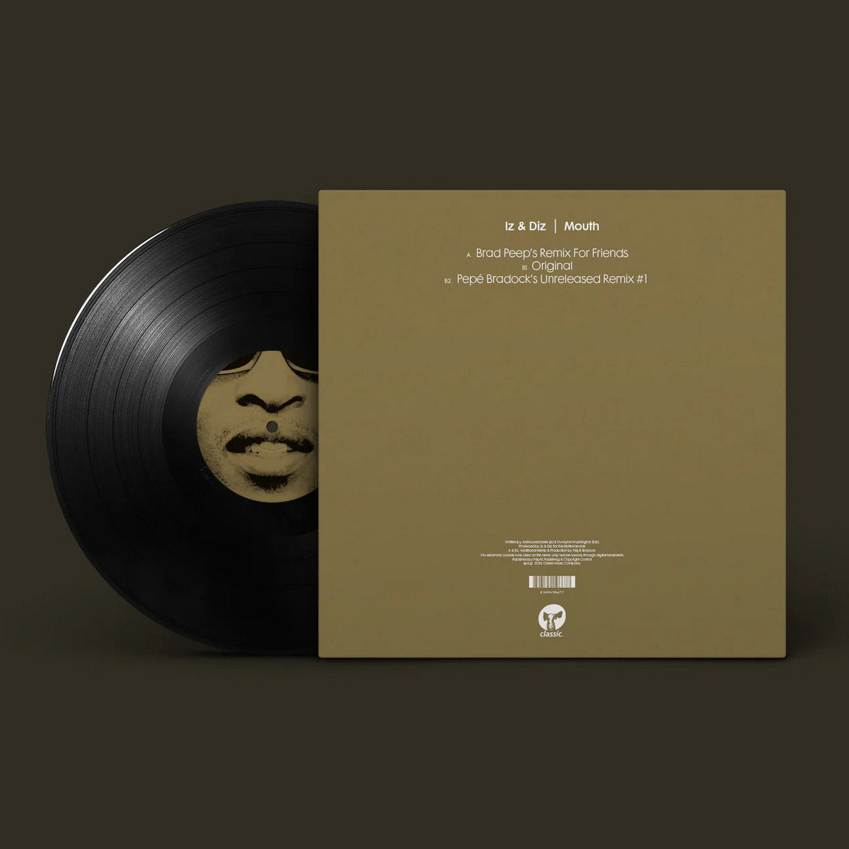 Vista del lado B del vinilo Iz & Diz – Mouth, con contraportada, tracklist y disco negro parcialmente expuesto.