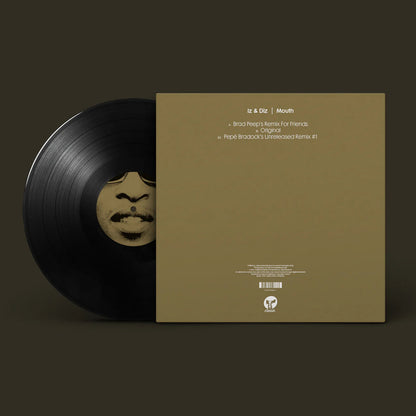 Vista del lado B del vinilo Iz & Diz – Mouth, con contraportada, tracklist y disco negro parcialmente expuesto.