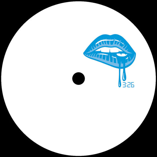 Lado A del vinilo Jamie 3:26 – Dancefloor Damage Vol. 3, etiqueta blanca con labios azules goteando y logo 3:26 Records minimalista.