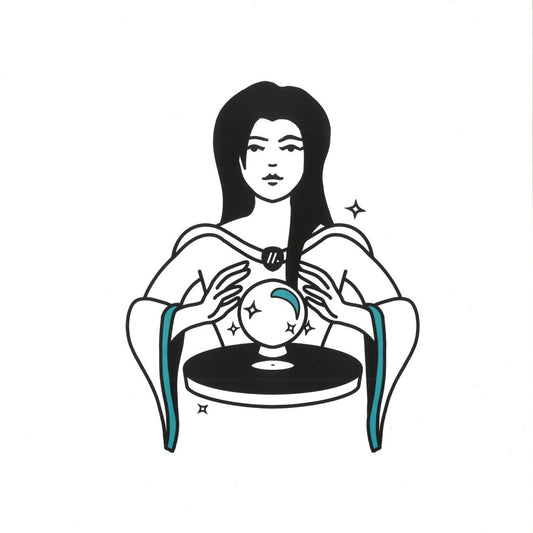 Ilustración minimalista de mujer con bola de cristal sosteniendo un disco, portada del vinilo Jansons – Yeah Yeah Yeah en 12" Homegrown.