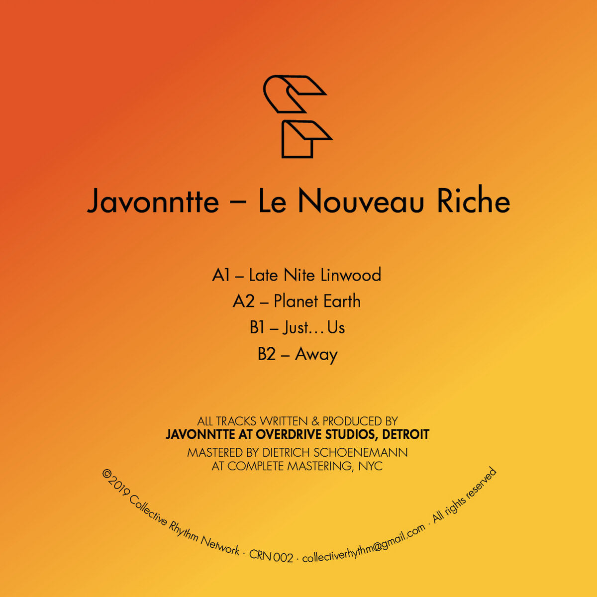 Lado A del vinilo 12" Javonntte – Le Nouveau Riche con tracks Late Nite Linwood y Planet Earth impresos sobre fondo naranja.
