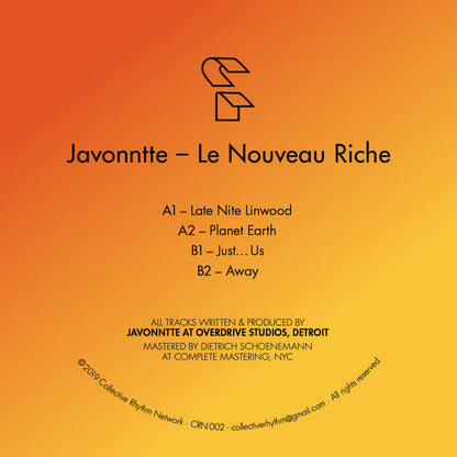 Lado A del vinilo 12" Javonntte – Le Nouveau Riche con tracks Late Nite Linwood y Planet Earth impresos sobre fondo naranja.