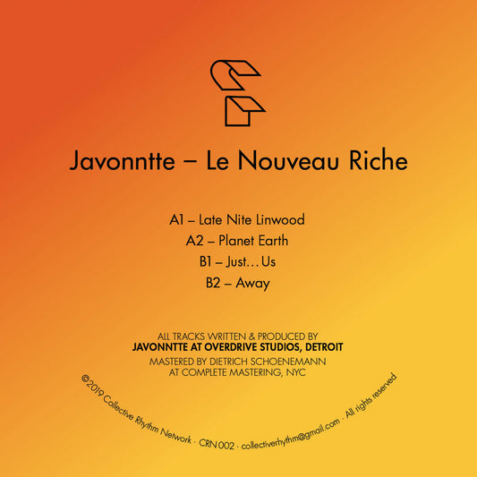 Lado A del vinilo 12" Javonntte – Le Nouveau Riche con tracks Late Nite Linwood y Planet Earth impresos sobre fondo naranja.