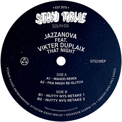 Lado A vinilo Jazzanova Feat. Vikter Duplaix – That Night 12" EP etiqueta azul Stay True Sounds con tracklist completo A1 Wahoo Remix A2 FKA Mash Re-Glitch B1 B2 Nutty NYS Retake y código STS230EP.