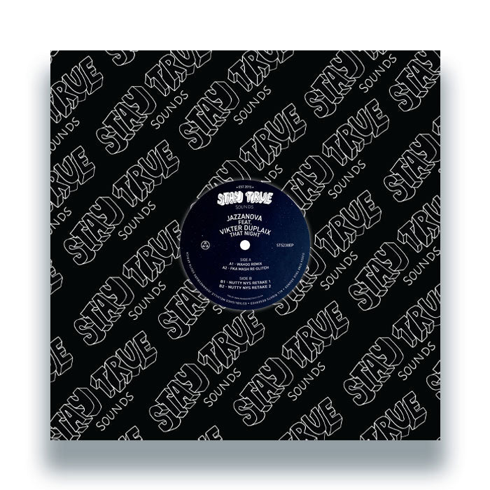 Portada vinilo Jazzanova Feat. Vikter Duplaix – That Night 12" EP con funda negra Stay True Sounds patrón repetido logo blanco.