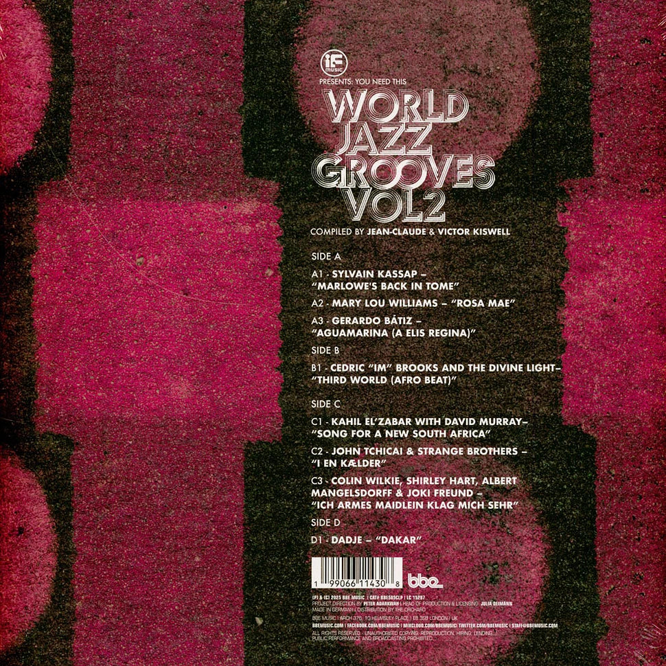 Contraportada del vinilo Jean-Claude & Victor Kiswell – If Music Presents: You Need This - World Jazz Grooves Vol 2, tracklist completa de los cuatro lados y logo BBE sobre fondo rosa texturizado, edición 2 x LP gatefold.