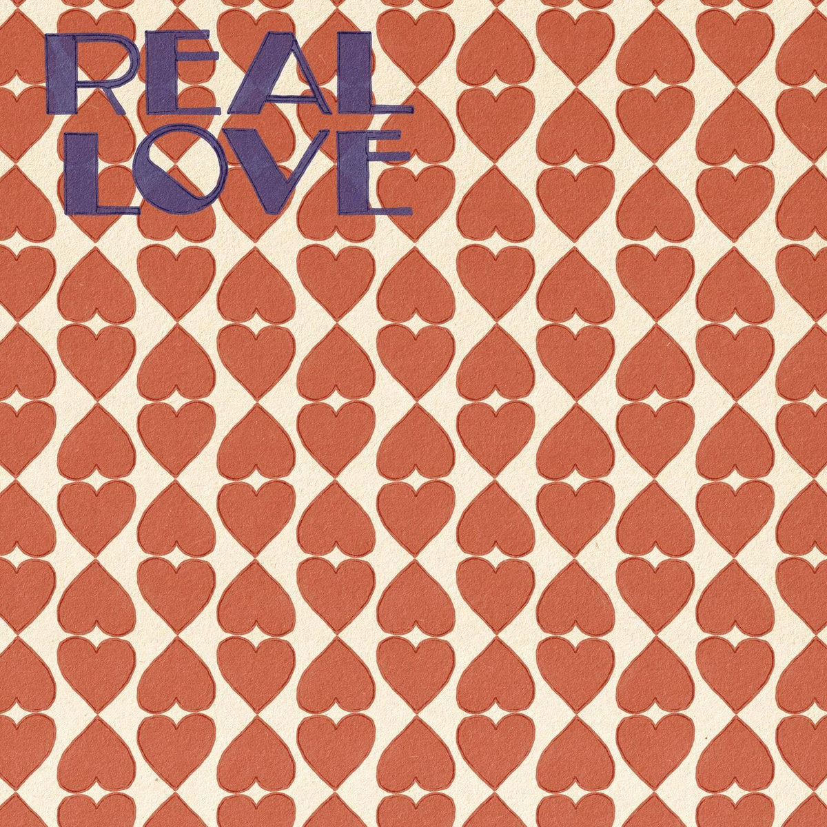 Portada del vinilo 12" Jerk Boy & Marcel Vogel feat. Million Miles – Real Love en Lumberjacks In Hell, con patrón retro de corazones rojos y título en letras moradas.