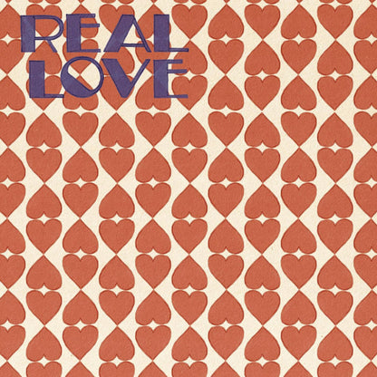 Portada del vinilo 12" Jerk Boy & Marcel Vogel feat. Million Miles – Real Love en Lumberjacks In Hell, con patrón retro de corazones rojos y título en letras moradas.