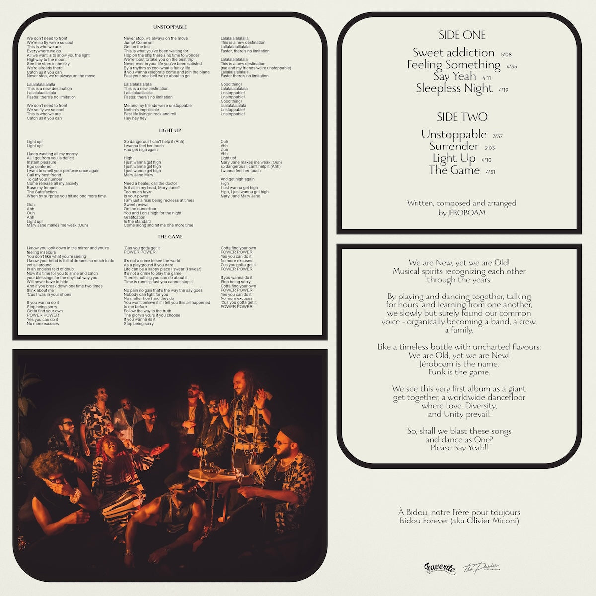 Insert interior del vinilo Jéroboam – Jeroboam con letras, tracklist y foto de la banda reunida alrededor de una mesa.