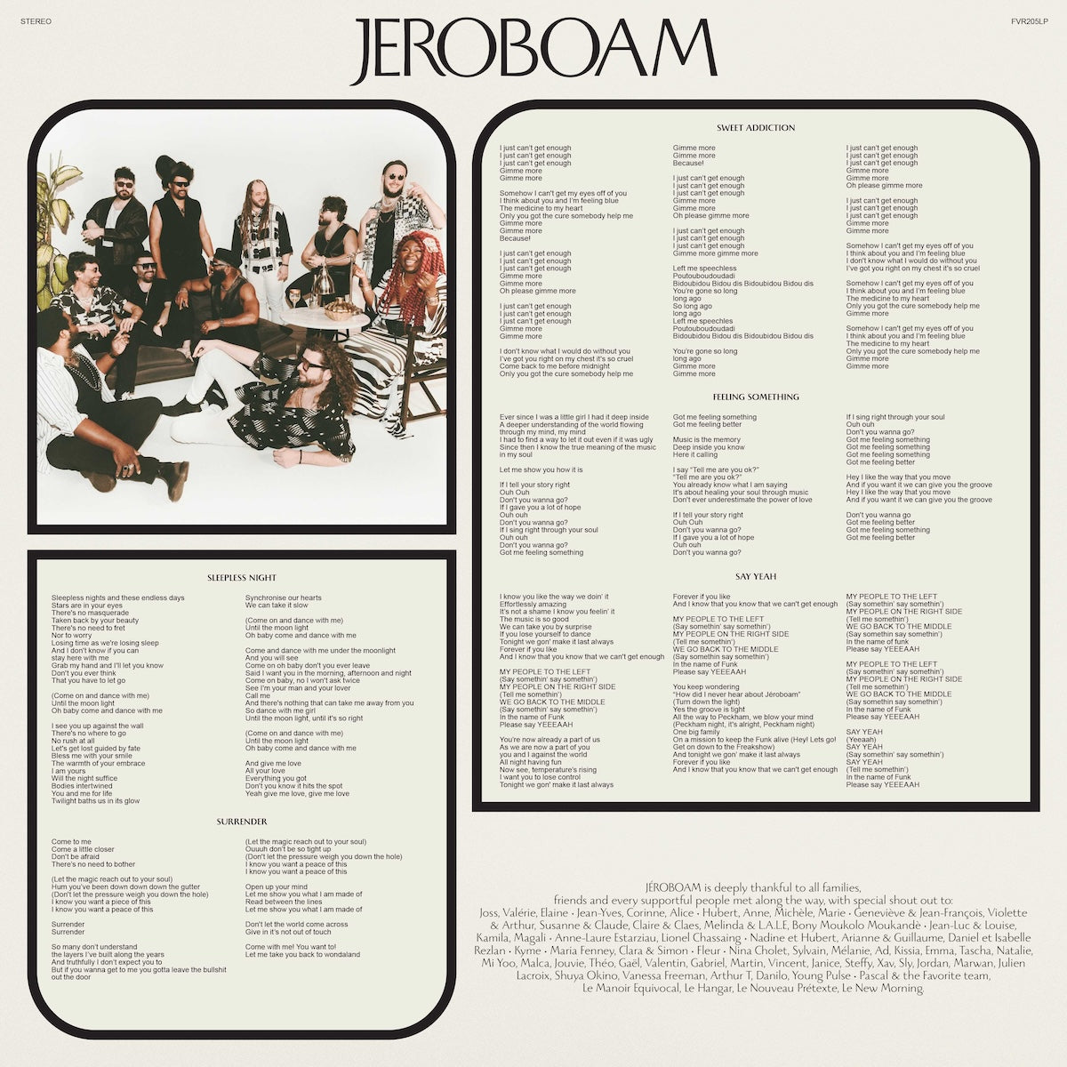 Insert interior del vinilo Jéroboam – Jeroboam con letras de canciones, foto grupal y agradecimientos del proyecto.