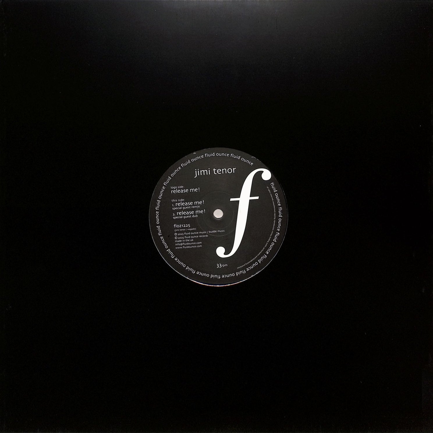Contraportada del vinilo Jimi Tenor – Release Me! en 12" por Fluid Ounce, funda negra con orificio central que deja ver la etiqueta del lado B.