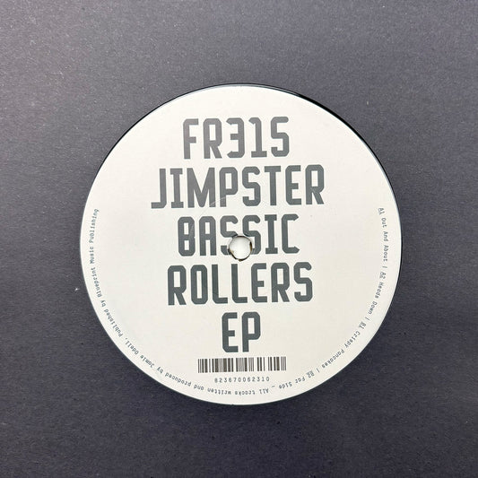 Lado A de vinilo Jimpster – Bassic Rollers EP con etiqueta blanca FR315, títulos A1 y A2 y créditos alrededor.
