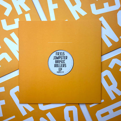 Portada de vinilo Jimpster – Bassic Rollers EP en funda naranja lisa con corte central y logo Freerange Records visible.
