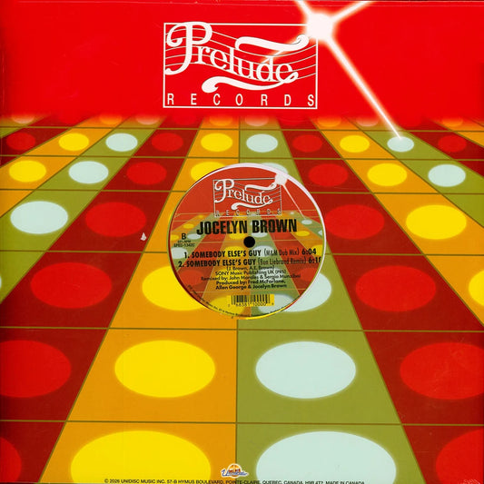 Contraportada del vinilo Jocelyn Brown – Somebody Else's Guy, diseño disco multicolor de Prelude Records y etiqueta central del lado B con pistas, créditos y catálogo.