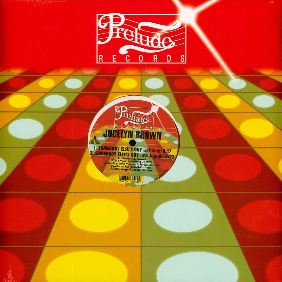 Portada del vinilo Jocelyn Brown – Somebody Else's Guy en Prelude Records, con pista de baile multicolor y etiqueta central del lado A visible con remixes y duraciones.